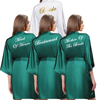 Cetim verde Manto de Noiva, Dama de honra Vestes de Ouro Rosa de Vestir o Manto para as Mulheres Curto de Noiva Vestes de Festa de Casamento Roupão de Pijamas