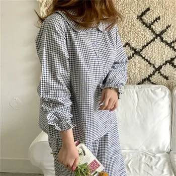 Estampa Xadrez Outono Pijama Conjunto De Mulheres Camisas + Calça De Duas Peças De Casa De Terno De Roupa De Dormir Homewear Algodão Coreano Casa Roupas