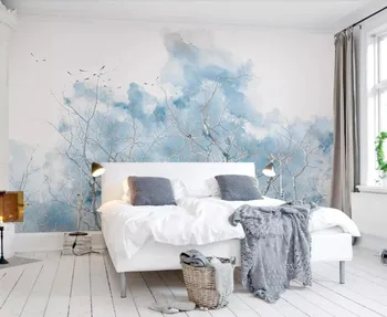 Luz azul ramos aquarela aves Nórdicos minimalista sala de estar de plano de fundo de parede