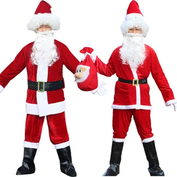 Quente 5pcs Papai Noel Trajes Cosplay Barba Bonito Engraçado Ouro Veludo Vermelho Branco Top+Calça+Cinto+Chapéu+Barba Em Natal