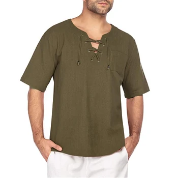 Verão Nova masculina de manga Curta T-shirt de Algodão e de Linho, Gravata Collar Casual dos Homens T-shirt Camisa